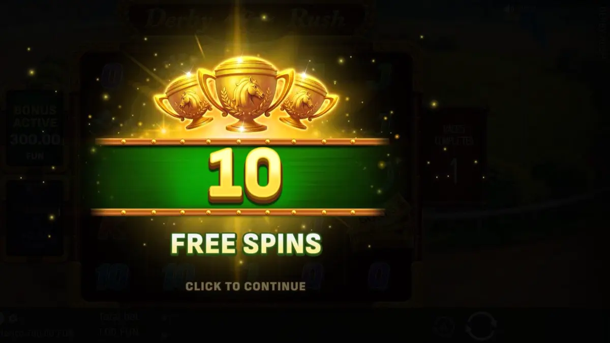 Derby Rush سلاٹ کا مرکزی انٹرفیس جس میں گھڑ دوڑ کا تھیم دکھایا گیا ہے