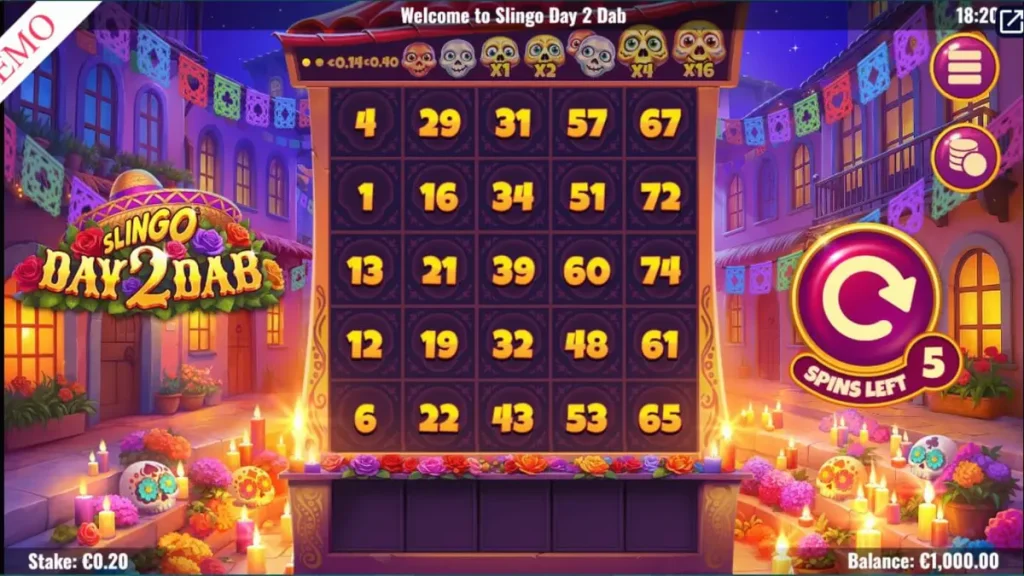 Slingo Day 2 Dab slot game interface featuring vibrant Day of the Dead theme